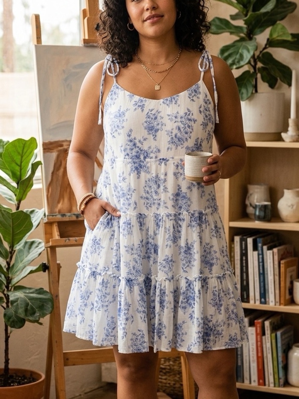 Blu Pepper White and Blue Floral Tie-Shoulder Mini Dress